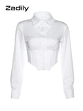 znbbw Sexy Long Sleeve White ZA Shirt Women Button Up Y2K Crop Tops Street Style 2023 Summer Party Y2K Female Clothing Blouse