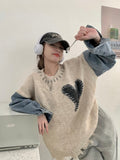 znbbw Autumn Winter Women Denim Patchwork Sweater Long Sleeve O-Neck Heart Pattern Knitted Pullovers Loose Stitching Sweatshirt