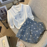 znbbw Women High Quality Summer 2-piece Set O-Neck Black Short Sleeve Knit Tops+Blue Printed Denim Mini Skirt Suit Female Outfits