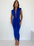 Znbbw Sexy Deep V-neck Pleated Women Dress Blue Side Split High Waist Elegant Dress Female Summer Bandage Slim Party Vestido