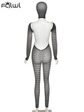 znbbw Summer Sexy Solid One Piece Yoga Jumpsuits For Women 2023 O Neck Long Sleeve Backless Mesh Hooded Knit Jumpsuit Women