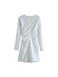 Znbbw TRAF Women Solid Pleated Mini Dress Female Long Sleeve O-Neck Nipped Waist Bodycon Dresses Summer Lady Office Dress
