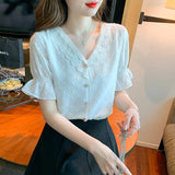 Znbbw Shipping Blouses Women Short Sleeve White Lace V-Neck Chiffon Blouse Shirt Tops Women Blusas Mujer De Moda 2023 Verano F482