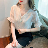 Znbbw Shipping Blouses Women Short Sleeve White Lace V-Neck Chiffon Blouse Shirt Tops Women Blusas Mujer De Moda 2023 Verano F482