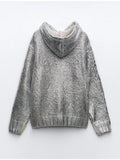 Znbbw Rib Trim Foil Hooded Sweater Tops Women Fashion Long Sleeve Knit Pullover 2023 Autumn Office Ladies High Street Jumpers