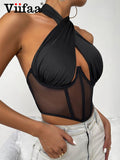 Znbbw Sexy Hollow Out Criss-Cross Halter Mesh Corset Top Women Clubwear 2023 Summer Clothes Backless Black Tank Tops