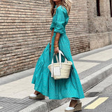 znbbw Women Elegant Printed Party Dresses New Spring Ladies Lake Blue Boho Long Dress Casual Temperament Crease High Waist Shirt Dress