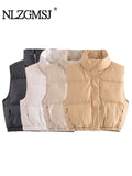 Znbbw TRAF Leather Vest Jackets Wome Solid Zipper Buttons Pockets Thick Warm Parka Women Waistcoats Autumn Winter Jackets
