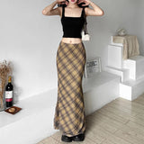 Znbbw Retro Plaid Print Mesh Long Skirts Y2K Vintage 90s Low Waist Double Layer Straight Midi Skirt Korean Fashion Clothes