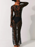 Znbbw Women’s See-Through Lace Dress Long Sleeve Slit Hem Dress Chemise Vacation sexy robe nightclub girls tight clothes