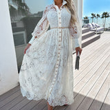 znbbw Women Chic Button Draped Pleated Maxi Dresses Fashion Elegant New Lace Embroidered Dress Spring Hollow Out Pattern Commute Dress