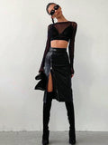 znbbw 2023 Autumn Winter Black Pencil Skirts Women Pu Leather Sexy High Waist Split Midi Skirt Party Irregular Zipper Dress Y2k