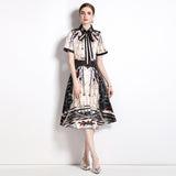 Znbbw Short Sleeve Bow Tie Lapel Holiday Floral Dresses Women Elegant Vintage Chain Printed Pleated Party Midi Vestidos N590