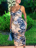 Znbbw Women Fashion V Neck Sleeveless Printed Party Club Bodycon Strap Long Dress 2023 Summer Clothes Streetwear Dropshipping