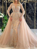 Znbbw Women Mermaid Deep V Neck Long Sleeve Gowns Lady Lace Hollow Out Simple Long-sleeved Dress 2023 Fashion Champagne Gold Robe
