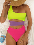 Znbbw Shoulder Women One Piece Swimsuit 2023 ColorBlock Sexy Ribbed Female Swimwear High Waist Swimming Suit Monokini Bathing Suit