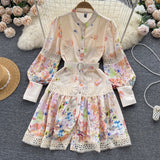 Znbbw Women Single Breasted Mini Dress Lantern Long Sleeves Sashes Boho Vintage Dress Fashion Lady OL Floral Print Lace Robe