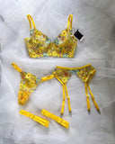 Znbbw Floral Lingerie Luxury Lace Delicate Underwear Uncensored Sexy Garter Brief Sets 4-Piece Fancy Transparent Intimate