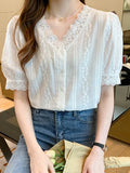 Znbbw Short Sleeve White Blouse Women Lace V-Neck Blouse Shirt Blusas Mujer De Moda 2023 Verano Women Tops Blouses Shirts F452