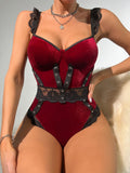 Znbbw Velvet Bodysuit Lace Patchwork Luxury Women's Body One-Piece Crotchless Teddy Fitness Ruffle Sexy Sissy Winter Tops