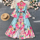 Znbbw Designer Fashion Vintage Floral Print Maxi Long Party Dresses Women Stand Collar Flare Sleeve Largo Vestidos Robes