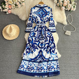 Znbbw Fashion Blue and White Porcelain Printing Single Breasted Shirt Dresses Women Chic Office Lady Work Knee Length Dress