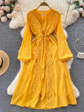 Znbbw Autumn Women's Vintage Long Sleeve Dress Solid Color Bellflower French Lace Up Waist Single Breasted Long Dress