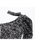 Znbbw Women Beading Sequined Dress Asymmetrical Design One Shoulder Sleeve Mini Skirt Party Fashion Female Party Dresses