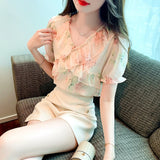 Znbbw Summer Women Tops Ruffles V-Neck Print Chiffon Blouse Shirt Blusas Mujer De Moda 2023 Verano Short Sleeve Blouse Women G688