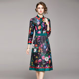 Znbbw Runway Summer Striped Flower Dress Women's Turn Down Collar Long Sleeve Floral Print Midi Tunic Party Pleated Vestidos