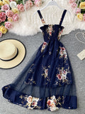 Znbbw Summer Women's Dress French Retro Square Neck Print Suspender Dress New Waist Lace Feamle Short Dresses HH293