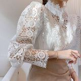 Znbbw Solid White Lace Blouse Shirts Women New Korean Button Loose Shirt Tops Female Hollow Casual Ladies Blouses Blusas 12928