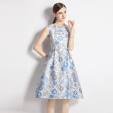Znbbw Dress for Women 2023 Elegant High Waist Floral Sleeveless Vest Vintage Dress Above Knee Mini Tank O-Neck Club Dresses