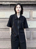 znbbw 2023 Summer Streetwear Short Sleeve Woman Black Shirt Oversize Y2K Zipper Up Woman Tunic Blouse Female Clothing Top