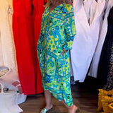 znbbw Button Party Maxi Beach Dress Summer Fashion New Loose Floral Print Green Dress Casual Long Sleeve V-Neck Boho Street Dress