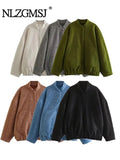 Znbbw TRAF 2023 Women Oversized Bomber Jackets Coat Pockets Vintage Stand Neck Long Sleeves Female Chic Outwears