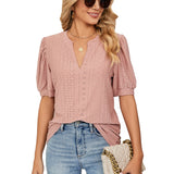 Znbbw Solid Lace Woman Shirt Elegant Hollow Puff Short Sleeve Pullover Blouse Women Casual V-neck Loose Lady Tops Blusas 24698