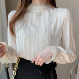 Znbbw Women Stand Collar Lace Chiffon Blouse Shirt Tops Long Sleeve Blouse Women Blusas Mujer De Moda 2023 Blouses Female E127