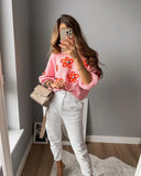 Znbbw Flower Embroidery Cropped Knitted Sweater For Women Chic Short Sleeve O Neck Pullover Jumper 2023 Summer Sweet Tops