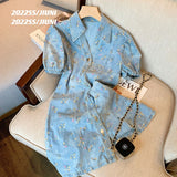 znbbw Women Fashion A-line Mini Denim Dress Summer Single-Breasted Short Puff Sleeve Turn-down Collar Floral Split Jean Dresses Female