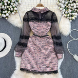 Znbbw Designer Pink Plaid Bow Tie Tweed Dress Autumn Winter Women Long Sleeve Sequins Mesh Patchwork Vintage Short Dress