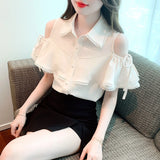 Znbbw Sleeve Blouse Women Tops Turn Down Collar Chiffon Blouse Shirt Blusas Mujer De Moda 2023 Verano Off Shoulder Top G456