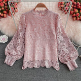 Znbbw Women Spring Autumn Blouse Elegant Gentle Wind Water Soluble Hook Flower Hollow Lace Shirt  Western Relaxed Crew Neck Top D2049