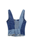Znbbw TRAF 2023 Summer Raw Hem Patchwork Denim Vest Women Tops Designer Women Sleeveless Button Cropped Jeans Tank Top