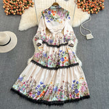 Znbbw 2023 New Spring Runway Floral Print Lace Splicing Party Dress Women Bow Neck Long Sleeve Vintage Print Long Dress