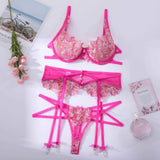 Znbbw Fancy Pink Lingerie Floral Embroidery Sexy Thongs Garter Bra Suit 3-Pieces Delicate Luxury Lace Beautiful Underwear