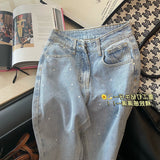 znbbw Women Summer Wide Leg Denim Pants Blue High Waist Diamonds Straight Loose Trouser High Street Fashion Jeans Mujer Harajuku Tide