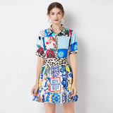 Znbbw Runway Blue And White Porcelain Printed Beach Set Women Flower Short Sleeve Print Tops + Mini Skirt 2 Piece Set N8427