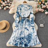 Znbbw Fashion Spring Summer Retro Print Shirt Dresses for Women Long Sleeve Single Breasted Vintage Holiday Vestidos Blue