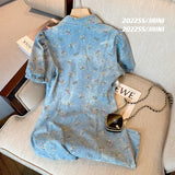 znbbw Women Fashion A-line Mini Denim Dress Summer Single-Breasted Short Puff Sleeve Turn-down Collar Floral Split Jean Dresses Female